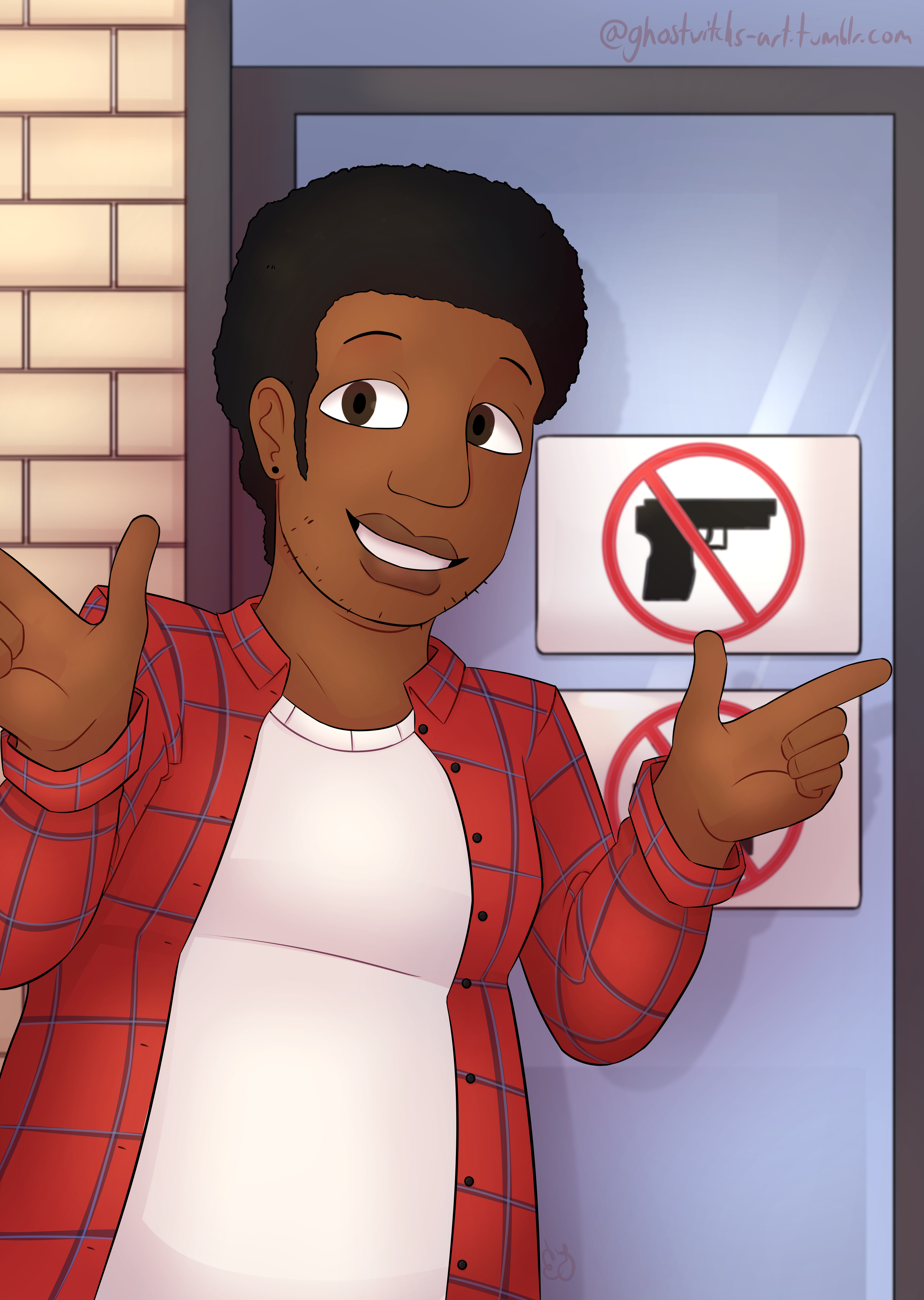 Randy standing in front of the door to a retail store. He's doing finger guns next to a sign that shows a prohibition symbol over a gun symbol.